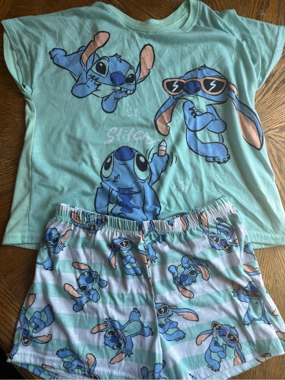 Disney Mint Green Stitch Kids Pajama Set with Blue & Peach Accents